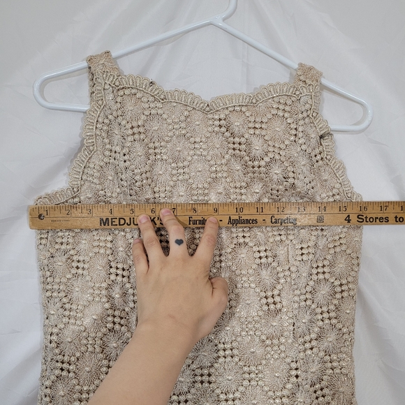 Vintage nude gold metallic thread embroidery crochet knit maxi formal dress - Picture 13 of 15